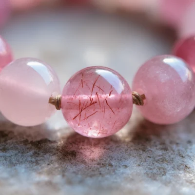 Serenity No. 01 — Mineral Tenderness Detail Serenity No. 01 macro detail showing the translucent Rose Quartz and seed-like inclusions in Strawberry Quartz.