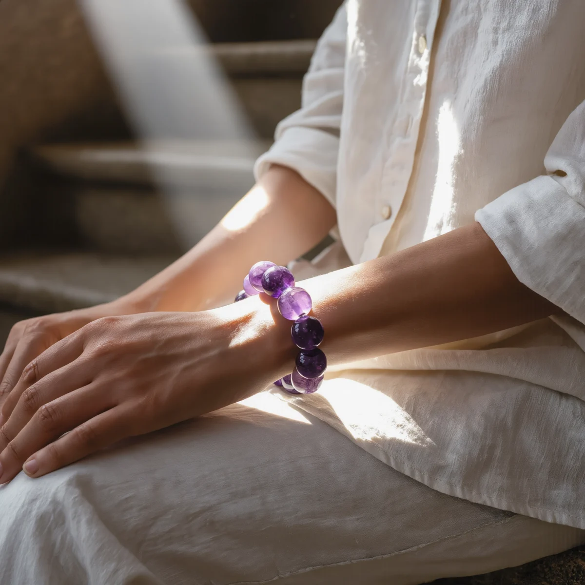 Serenity No. 02 — Lifestyle Observational Clarity Serenity No. 02: Lavender Peace bracelet worn by a model in a meditative pose with strong natural highlights.