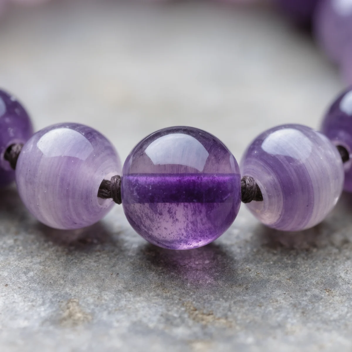 yuano-serenity-no-02-macro-amethyst-fluorite-knotted-details.webp Serenity No. 02 macro detail revealing the hand-knotted silk thread and internal violet banding of Amethyst.