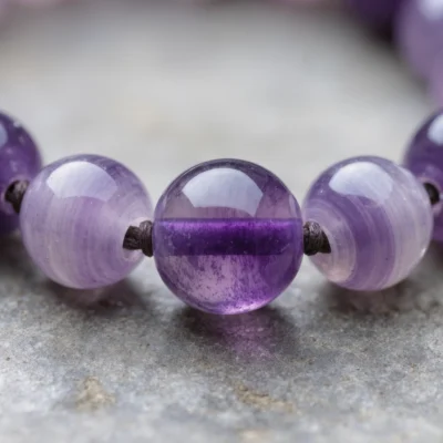 yuano-serenity-no-02-macro-amethyst-fluorite-knotted-details.webp Serenity No. 02 macro detail revealing the hand-knotted silk thread and internal violet banding of Amethyst.