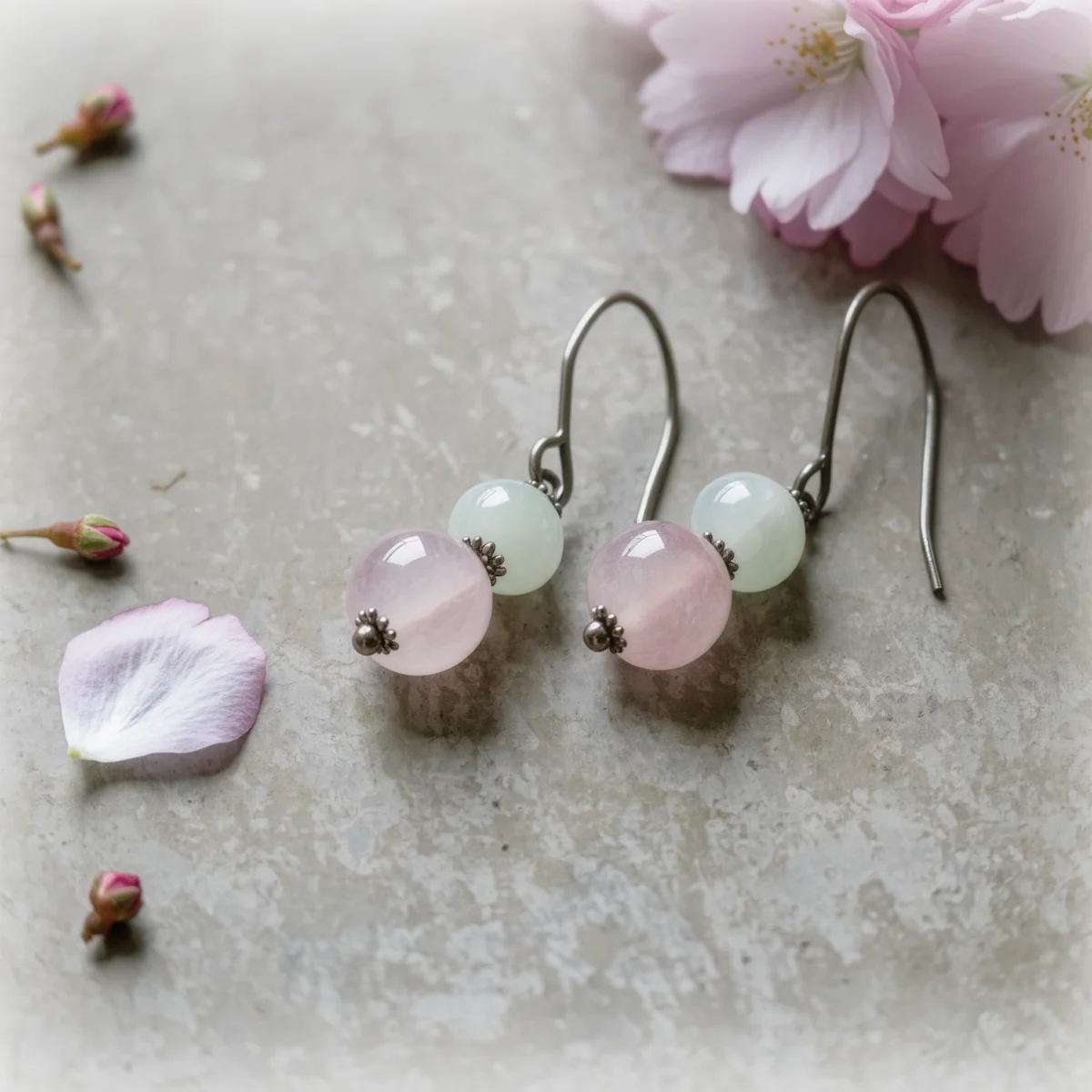 Serenity No. 03 — Drifting Petal Primary Composition Serenity No. 03: Drifting Petal hand-crafted earrings featuring Donghai Rose Quartz and Xinjiang Hetian Jade.