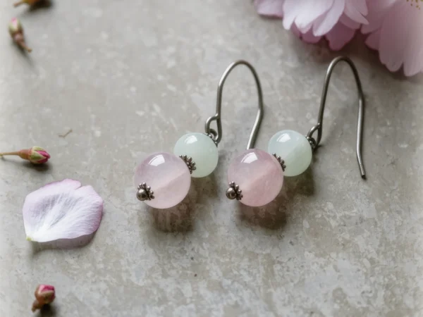 Serenity No. 03 — Drifting Petal Primary Composition Serenity No. 03: Drifting Petal hand-crafted earrings featuring Donghai Rose Quartz and Xinjiang Hetian Jade.