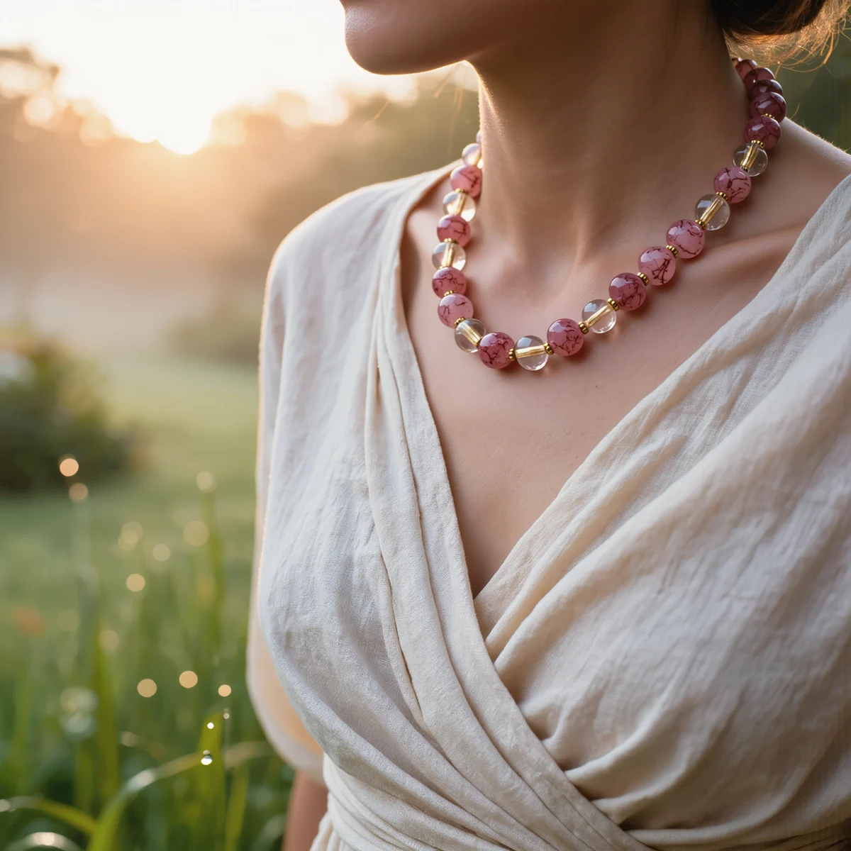 Serenity No. 04 — Lifestyle Observational Awakening Serenity No. 04: Morning Mist necklace worn by a model in a misty dawn field with soft sunrise glow.