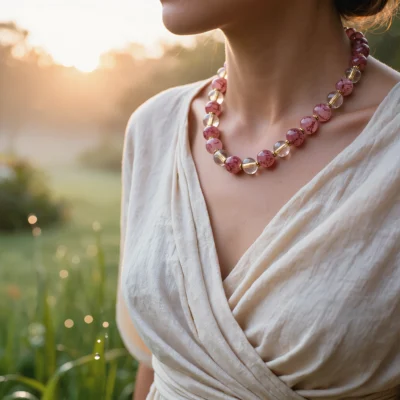 Serenity No. 04 — Lifestyle Observational Awakening Serenity No. 04: Morning Mist necklace worn by a model in a misty dawn field with soft sunrise glow.
