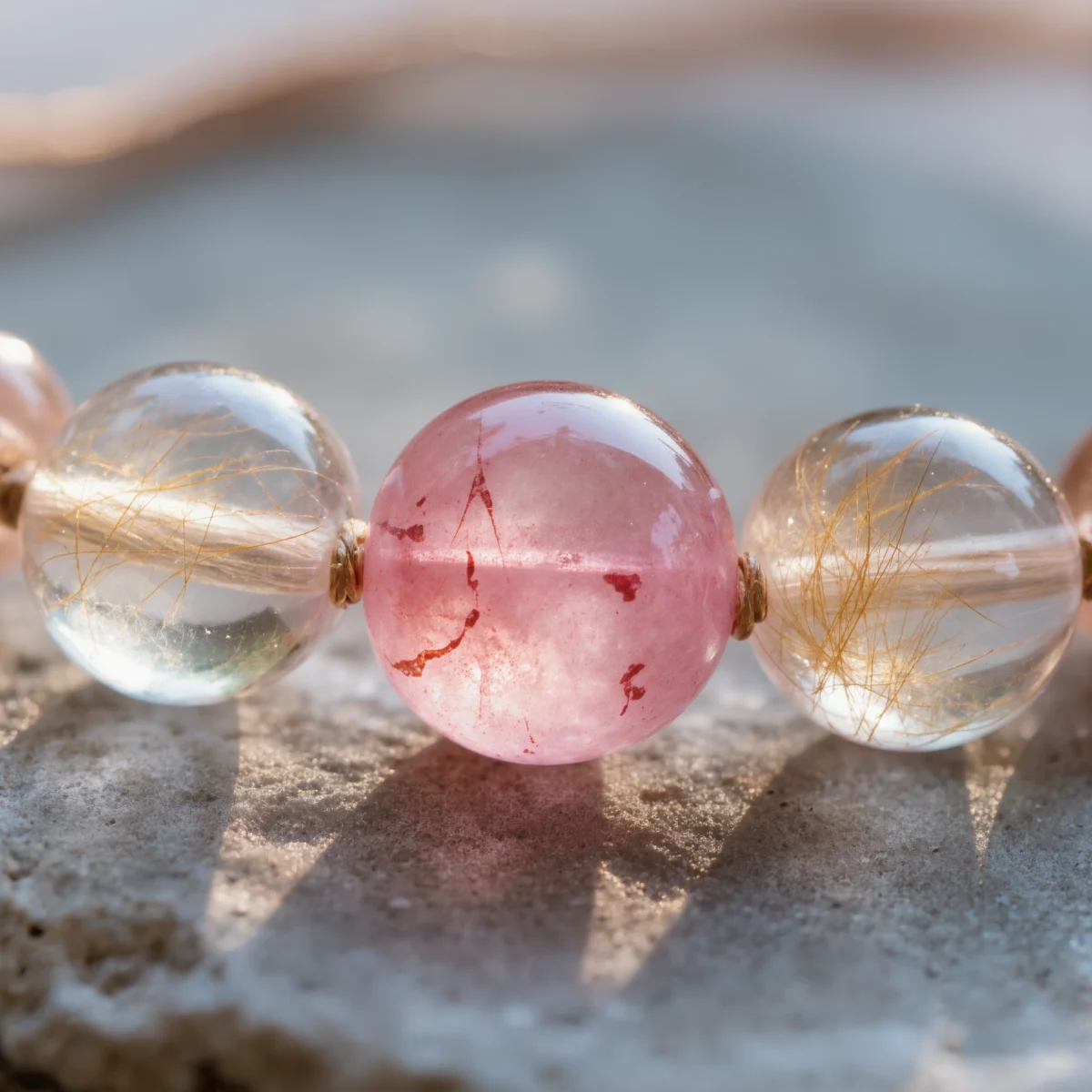 Serenity No. 04 — Mineral Alchemy Detail Serenity No. 04 macro detail revealing the iron-oxide seeds in Strawberry Quartz and electric golden needles.