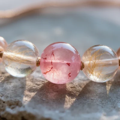 Serenity No. 04 — Mineral Alchemy Detail Serenity No. 04 macro detail revealing the iron-oxide seeds in Strawberry Quartz and electric golden needles.