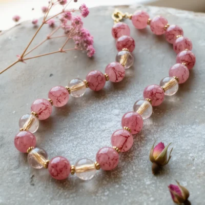 Serenity No. 04 — Morning Mist Primary Narrative Serenity No. 04: Morning Mist hand-knotted necklace featuring Anhui Strawberry Quartz and Donghai Rutilated Quartz.