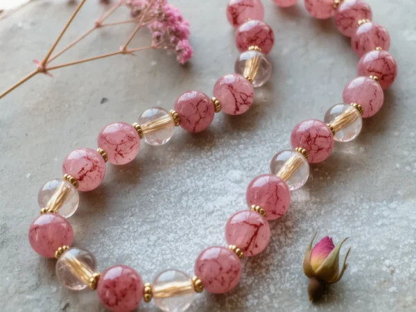 Serenity No. 04 — Morning Mist Primary Narrative Serenity No. 04: Morning Mist hand-knotted necklace featuring Anhui Strawberry Quartz and Donghai Rutilated Quartz.