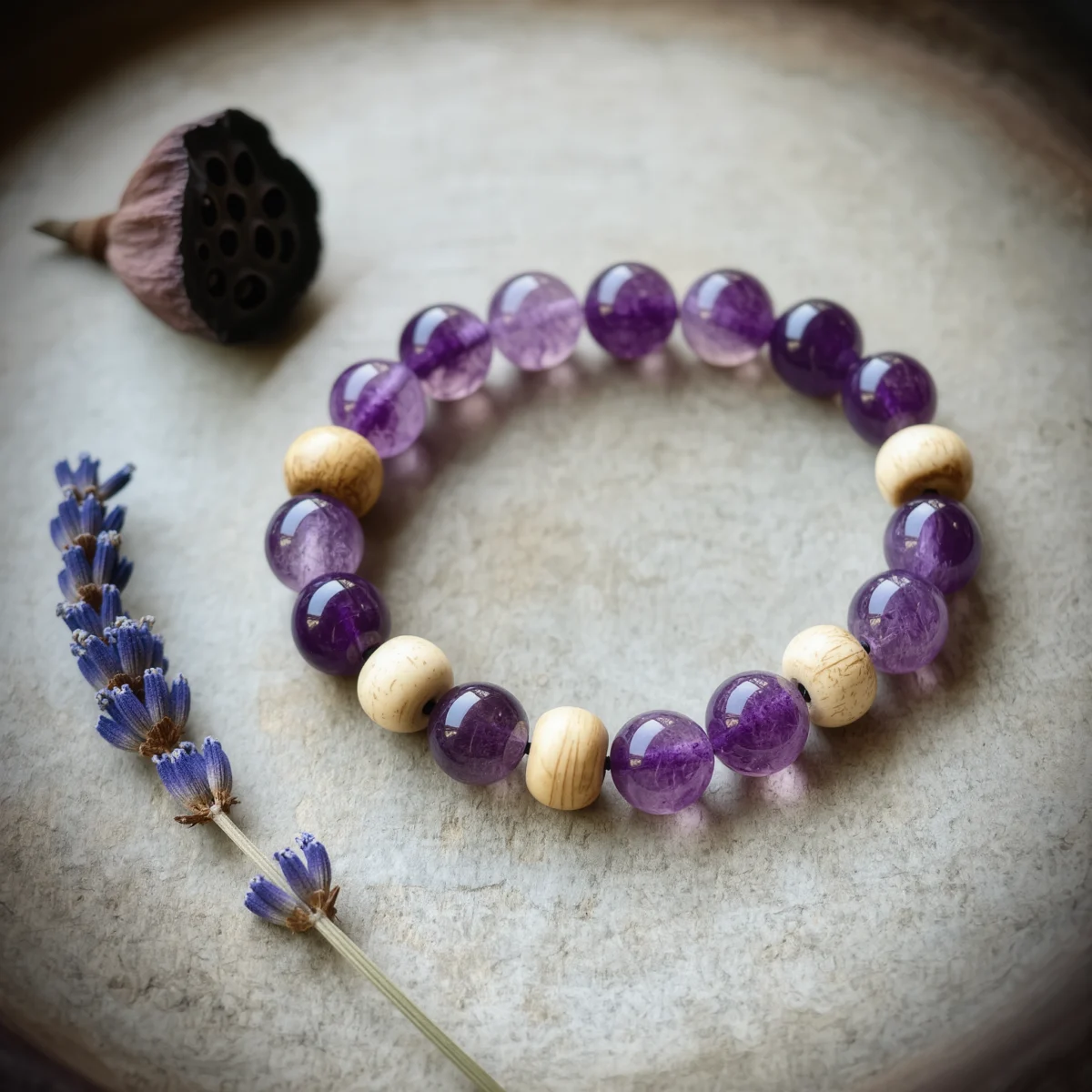 Serenity No. 05 — Deep Compassion Primary Narrative Serenity No. 05: Deep Compassion hand-knotted bracelet featuring Donghai Amethyst and Hainan Bodhi Root.