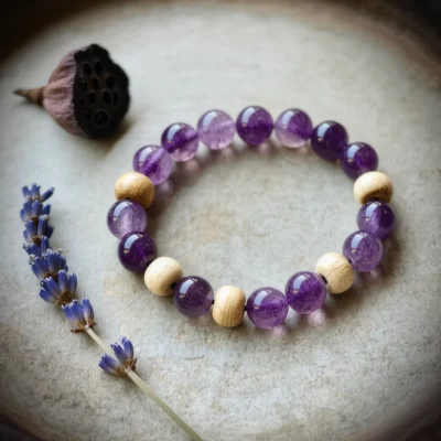 Serenity No. 05 — Deep Compassion Primary Narrative Serenity No. 05: Deep Compassion hand-knotted bracelet featuring Donghai Amethyst and Hainan Bodhi Root.