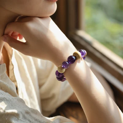 Serenity No. 05 — Lifestyle Observational Empathy Serenity No. 05: Deep Compassion bracelet worn by a model resting by a window with natural garden light.