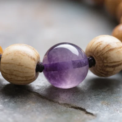 Serenity No. 05 — Mineral Monastic Detail Serenity No. 05 macro detail showing internal violet banding of Amethyst and waxy texture of Bodhi Root.