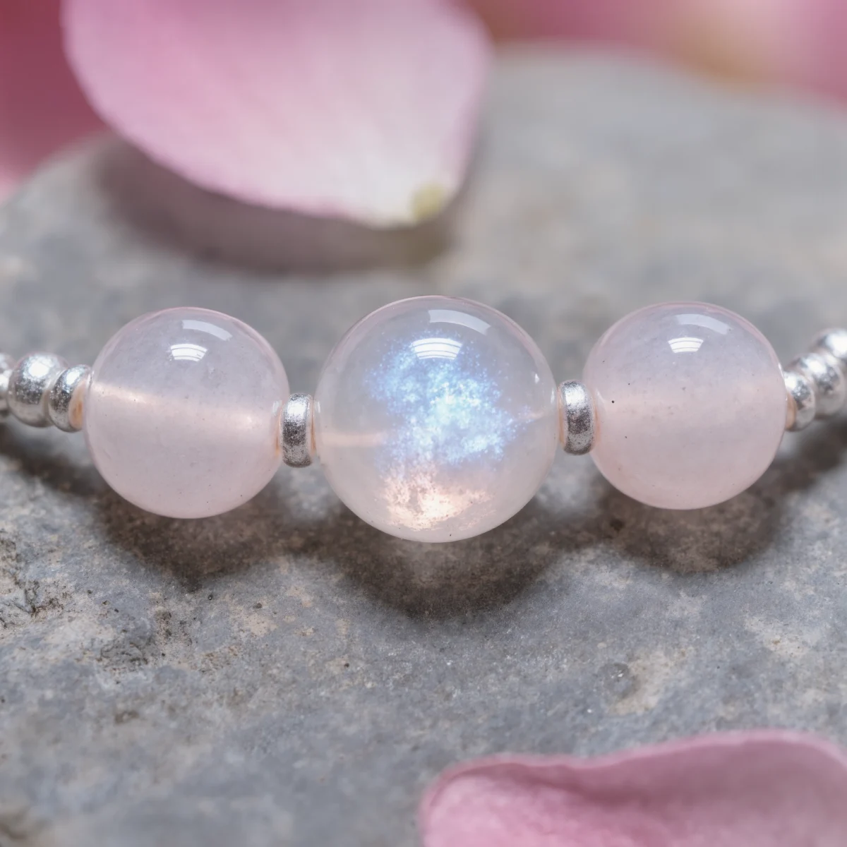 Serenity No. 06 — Mineral Rhythmic Detail Serenity No. 06 macro detail revealing the electric blue adularescence in Sichuan Moonstone and misty Rose Quartz.