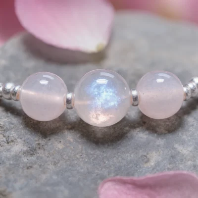 Serenity No. 06 — Mineral Rhythmic Detail Serenity No. 06 macro detail revealing the electric blue adularescence in Sichuan Moonstone and misty Rose Quartz.