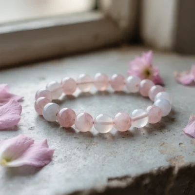 Serenity No. 06 — Petal Dance Primary Narrative Serenity No. 06: Petal Dance hand-knotted bracelet featuring Donghai Rose Quartz and Sichuan Moonstone.