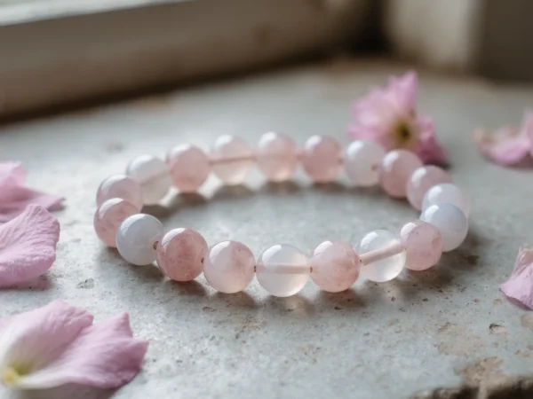 Serenity No. 06 — Petal Dance Primary Narrative Serenity No. 06: Petal Dance hand-knotted bracelet featuring Donghai Rose Quartz and Sichuan Moonstone.
