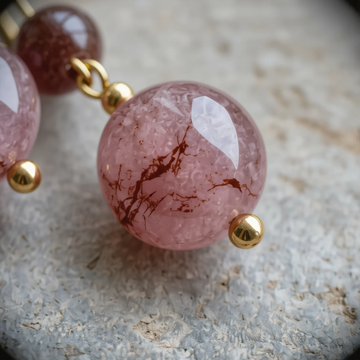 Serenity No. 07 — Mineral Alchemy Detail Serenity No. 07 macro detail revealing the iron-seeded inclusions in Strawberry Quartz and refined gold luster.