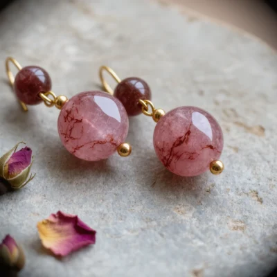 Serenity No. 07 — Quiet Joy Primary Narrative Serenity No. 07: Quiet Joy hand-crafted earrings featuring Anhui Strawberry Quartz and ultra-fine gold.