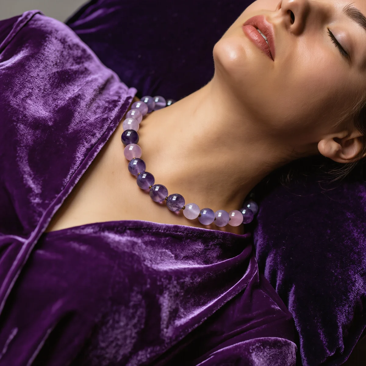 Serenity No. 08 — Lifestyle Observational Stillness Serenity No. 08: Ethereal Dream necklace worn by a model resting on deep purple velvet in a state of lucid peace.