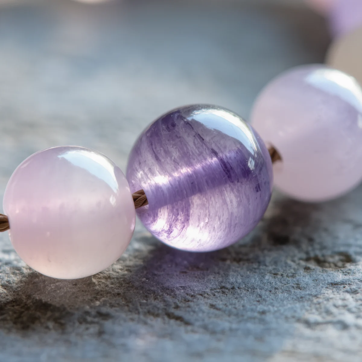 Serenity No. 08 — Mineral Lucidity Detail Serenity No. 08 macro detail revealing the internal violet banding of Fluorite and misty Rose Quartz.