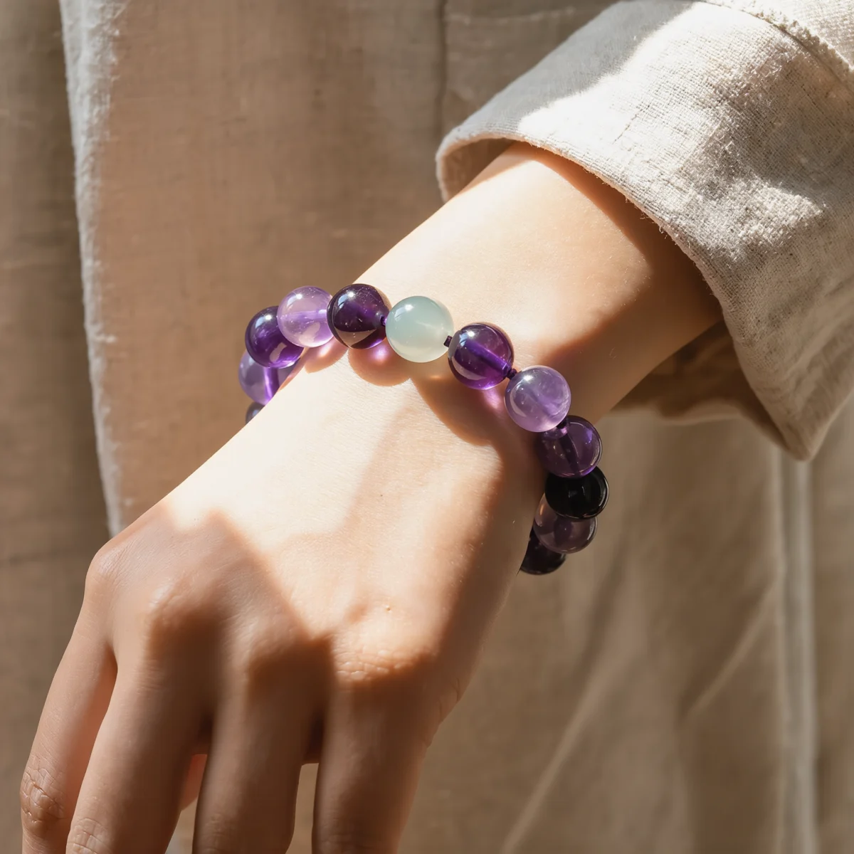 Serenity No. 09 — Lifestyle Observational Poise Serenity No. 09: Soft Stillness bracelet worn by a model in a linen garment with dramatic window light.