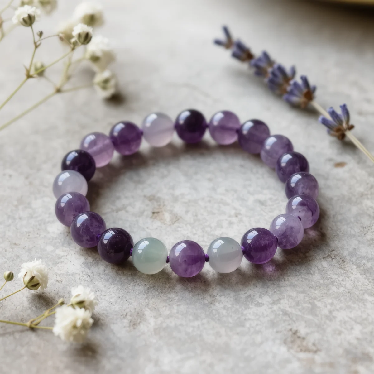 Serenity No. 09 — Soft Stillness Primary Narrative Serenity No. 09: Soft Stillness hand-knotted bracelet featuring Xinjiang Hetian Jade and Donghai Amethyst.