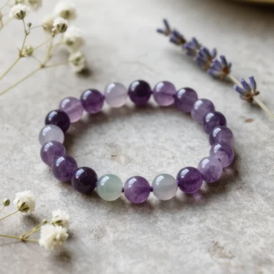 Serenity No. 09 — Soft Stillness Primary Narrative Serenity No. 09: Soft Stillness hand-knotted bracelet featuring Xinjiang Hetian Jade and Donghai Amethyst.