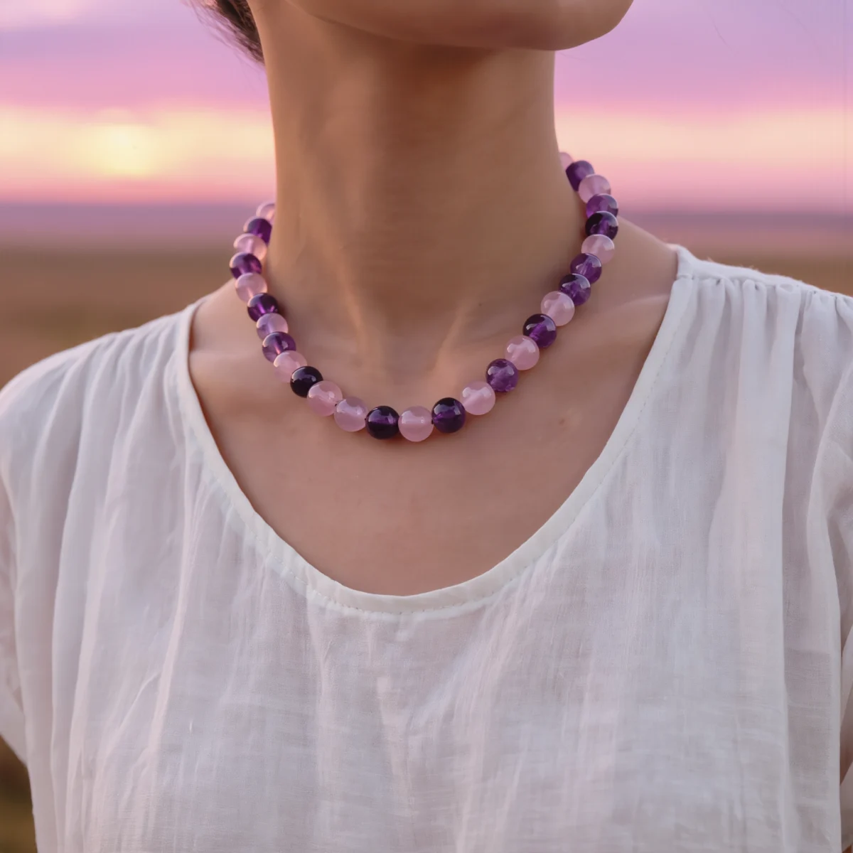 Serenity No. 10 — Lifestyle Universal Resonance Serenity No. 10: Celestial Love necklace worn by a model against a pink and purple sunset horizon.