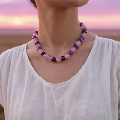 Serenity No. 10 — Lifestyle Universal Resonance Serenity No. 10: Celestial Love necklace worn by a model against a pink and purple sunset horizon.