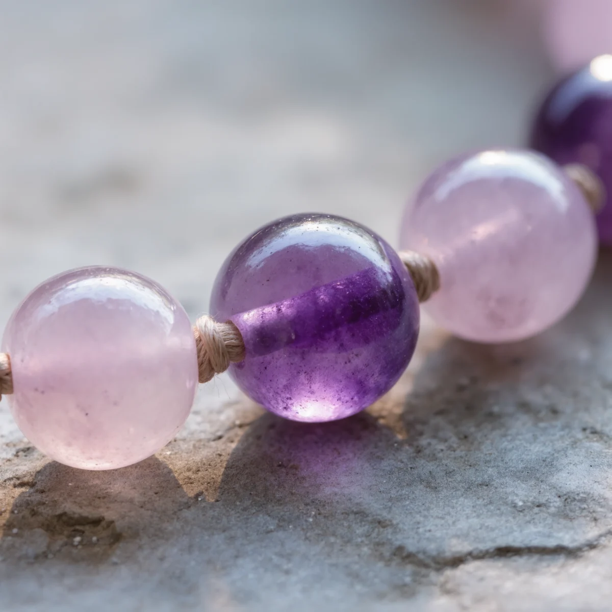 Serenity No. 10 — Crystalline Harmony Detail Serenity No. 10 macro detail revealing violet banding of Amethyst and misty Rose Quartz with an artisan knot.