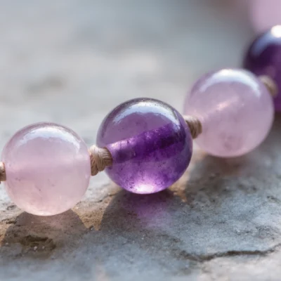 Serenity No. 10 — Crystalline Harmony Detail Serenity No. 10 macro detail revealing violet banding of Amethyst and misty Rose Quartz with an artisan knot.