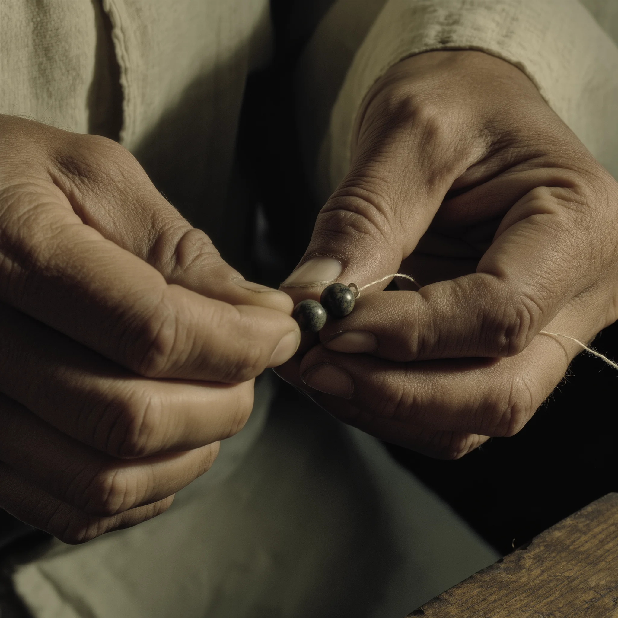 Home 3 Sovereign Stillness Jewelry by Yuano: Artisan hands carefully knotting silk thread and stone beads in a sacred liturgy of craft.