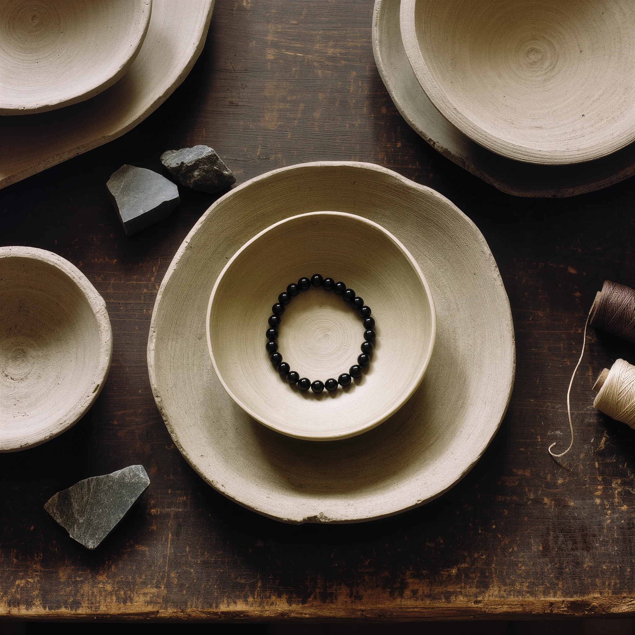 Home 2 Sovereign Stillness Jewelry by Yuano: A handcrafted obsidian relic resting inside a raw ceramic bowl on an artisan's wooden workbench.