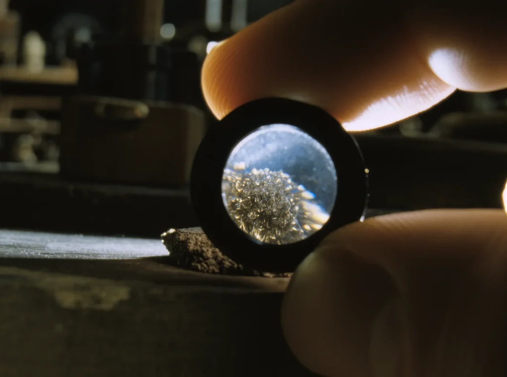 About Us 18 Microscopic view of crystalline structures within a raw mineral specimen at Yuano studio.