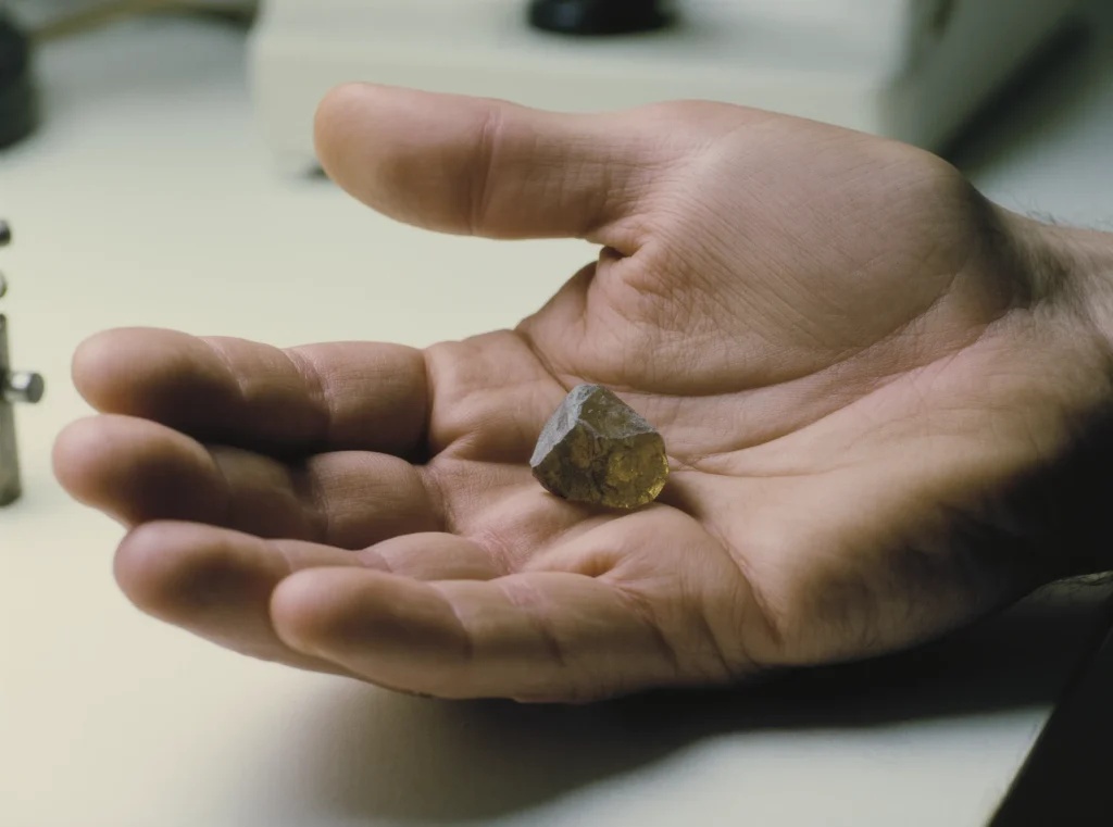 About Us 22 A master artisan's palm holding a single translucent raw mineral fragment for final quality inspection.
